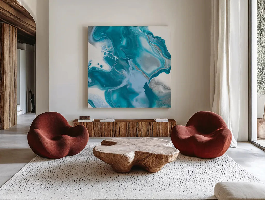 Blue Lagoon I by Sarah Adams. Shown as extra-large giant wall art in a modern living room. Available as an archival giclee rolled canvas, fine art paper, or poster print. SKU 90496a.