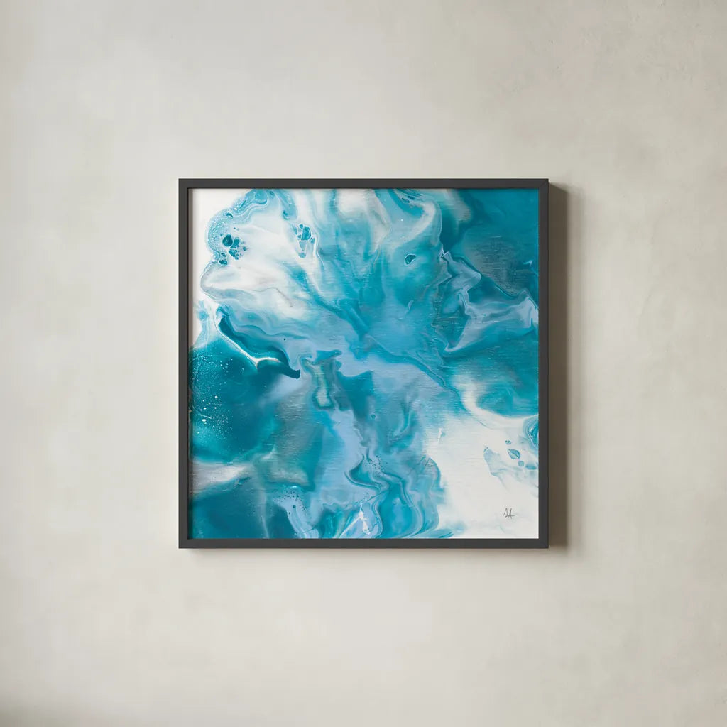 Blue Lagoon II by Sarah Adams. Shown in a sleek black glass frame for a contemporary gallery look. Available as an archival giclee rolled canvas, fine art paper, or poster print. SKU 90497a.
