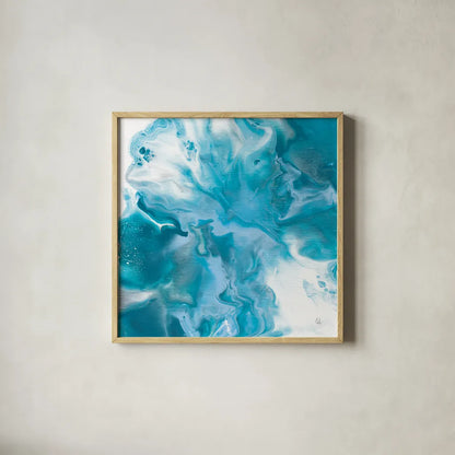 Blue Lagoon II by Sarah Adams. Shown in a natural wood glass frame for a timeless modern aesthetic. Available as an archival giclee rolled canvas, fine art paper, or poster print. SKU 90497a.