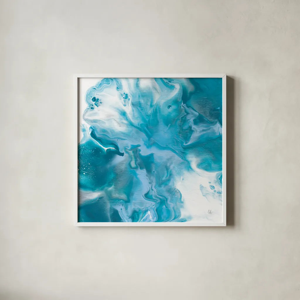 Blue Lagoon II by Sarah Adams. Shown in a crisp white glass frame for a clean and minimalist style. Available as an archival giclee rolled canvas, fine art paper, or poster print. SKU 90497a.