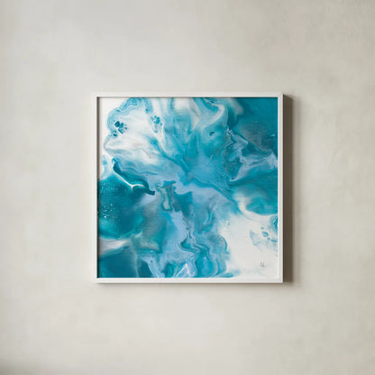 Blue Lagoon II by Sarah Adams. Shown in a crisp white glass frame for a clean and minimalist style. Available as an archival giclee rolled canvas, fine art paper, or poster print. SKU 90497a.