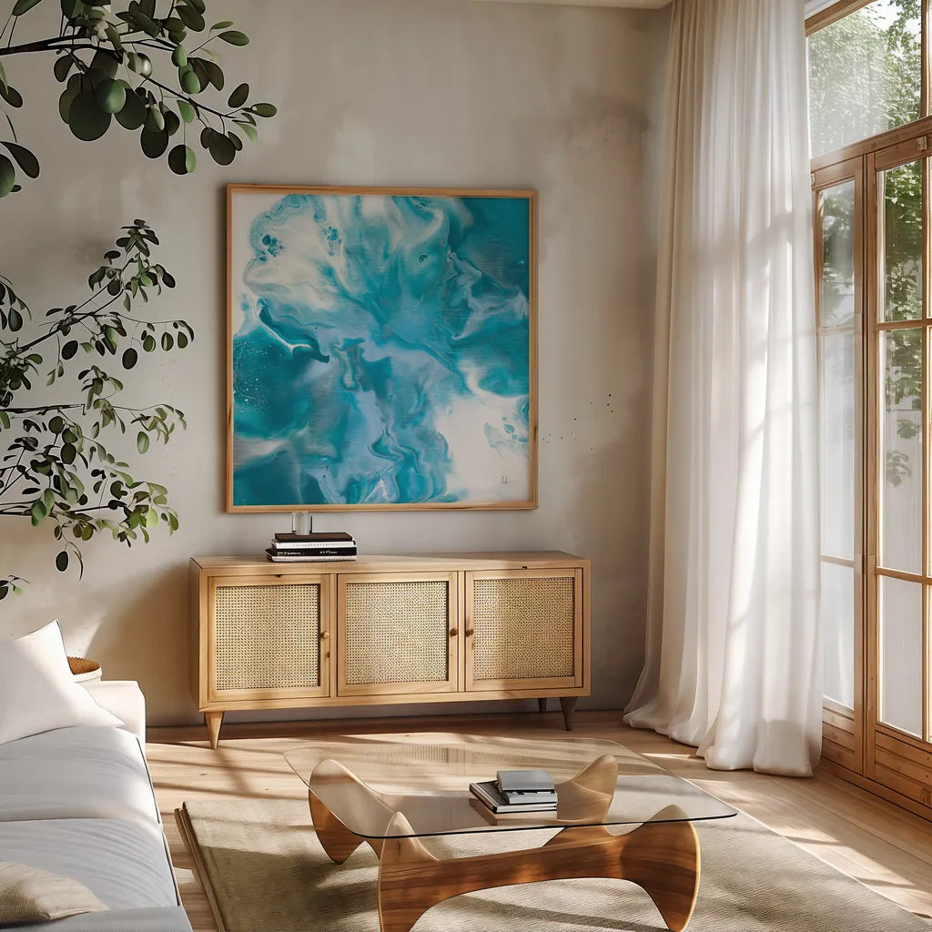 Blue Lagoon II by Sarah Adams. Shown in a natural wood frame in a cozy modern living room. Available as an archival giclee rolled canvas, fine art paper, or poster print. SKU 90497a.