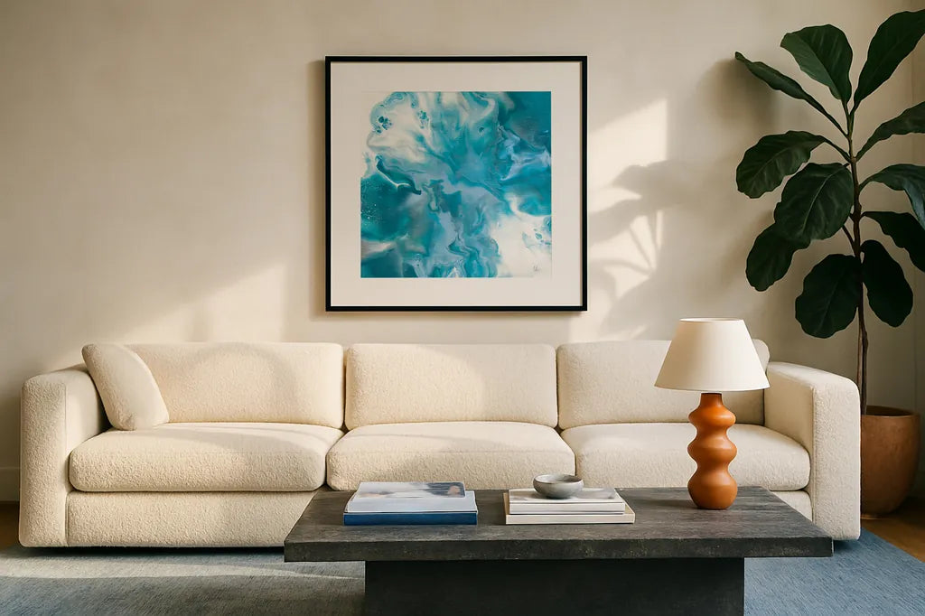 Blue Lagoon II by Sarah Adams. Displayed in a glass frame with matte in a clean modern living room. Available as an archival giclee rolled canvas, fine art paper, or poster print. SKU 90497a.