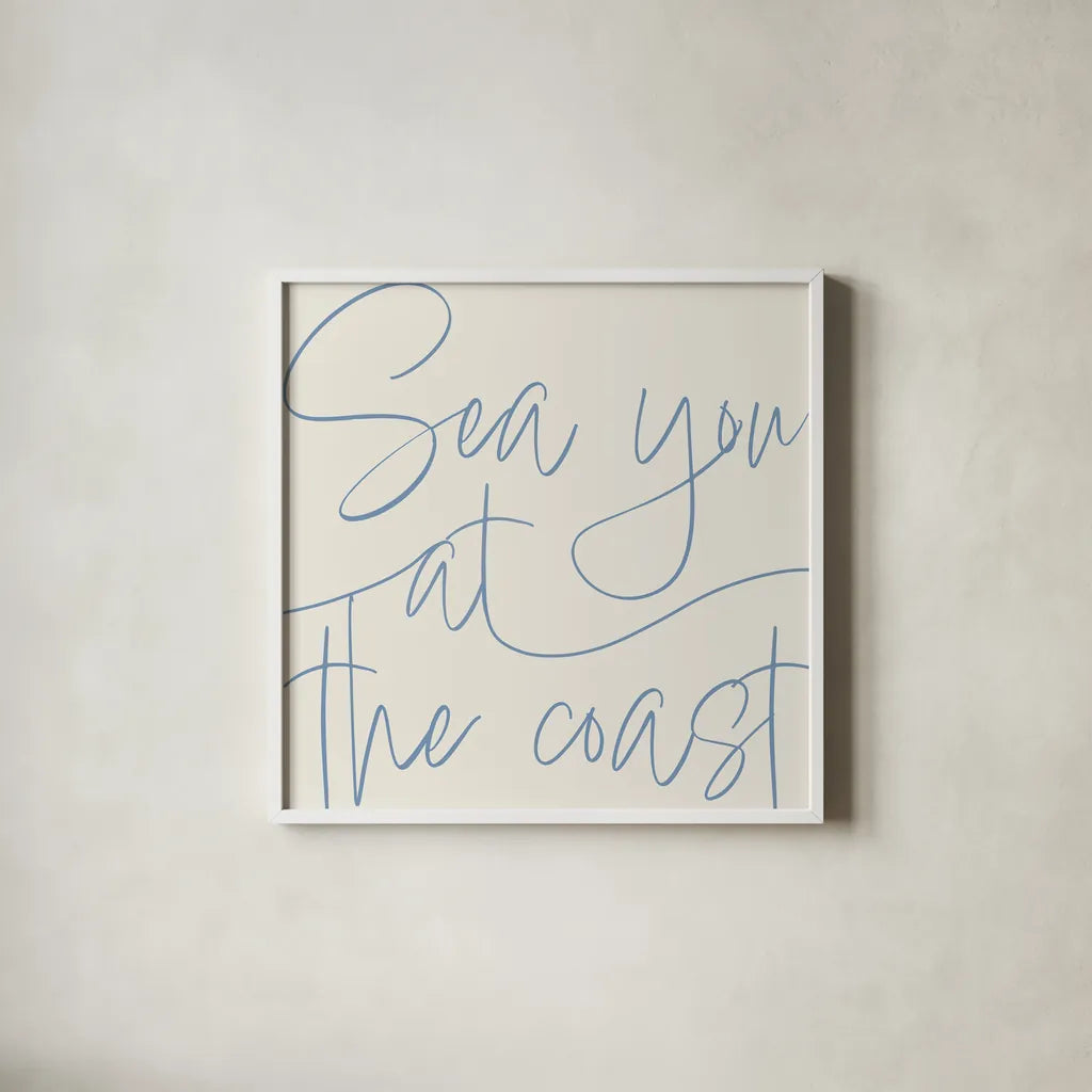 By the Beach II Light by Sarah Adams. Shown in a crisp white glass frame for a clean and minimalist style. Available as an archival giclee rolled canvas, fine art paper, or poster print. SKU 83850a.