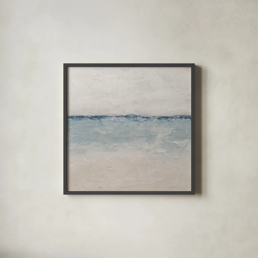 Calm Coastal Stillness by Sarah Adams. Shown in a sleek black glass frame for a contemporary gallery look. Available as an archival giclee rolled canvas, fine art paper, or poster print. SKU 99223a.