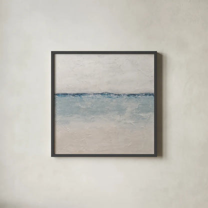 Calm Coastal Stillness by Sarah Adams. Shown in a sleek black glass frame for a contemporary gallery look. Available as an archival giclee rolled canvas, fine art paper, or poster print. SKU 99223a.