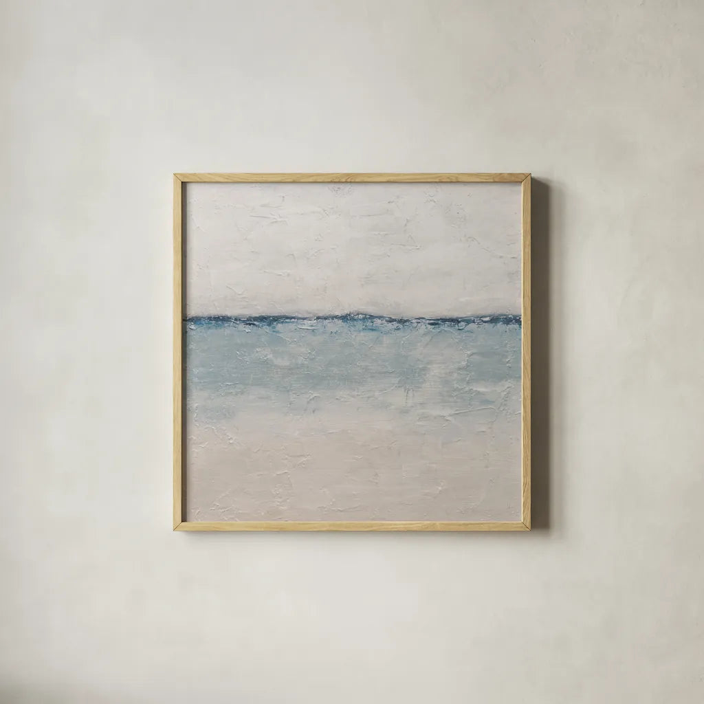 Calm Coastal Stillness by Sarah Adams. Shown in a natural wood glass frame for a timeless modern aesthetic. Available as an archival giclee rolled canvas, fine art paper, or poster print. SKU 99223a.
