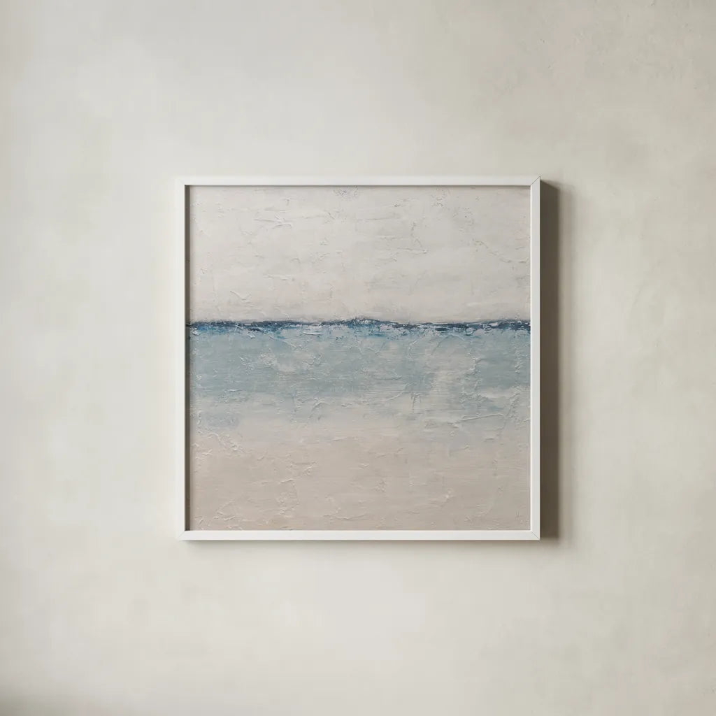 Calm Coastal Stillness by Sarah Adams. Shown in a crisp white glass frame for a clean and minimalist style. Available as an archival giclee rolled canvas, fine art paper, or poster print. SKU 99223a.