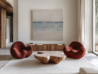 Calm Coastal Stillness by Sarah Adams. Shown as extra-large giant wall art in a modern living room. Available as an archival giclee rolled canvas, fine art paper, or poster print. SKU 99223a.