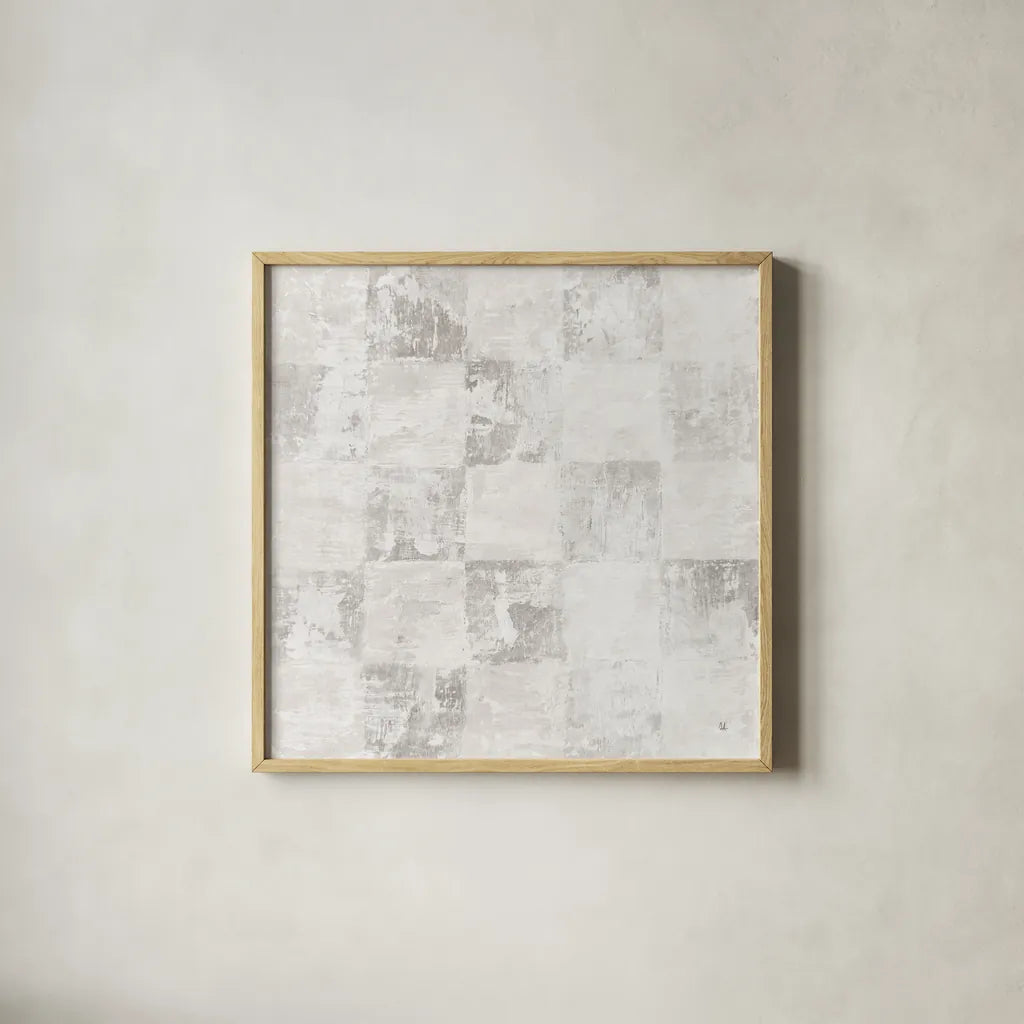 Checkerboard Abstract by Sarah Adams. Shown in a natural wood glass frame for a timeless modern aesthetic. Available as an archival giclee rolled canvas, fine art paper, or poster print. SKU 90332a.