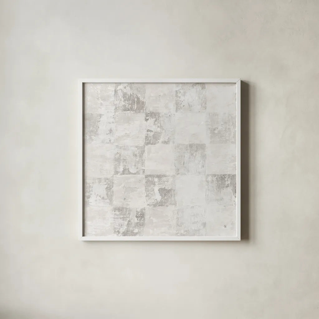 Checkerboard Abstract by Sarah Adams. Shown in a crisp white glass frame for a clean and minimalist style. Available as an archival giclee rolled canvas, fine art paper, or poster print. SKU 90332a.