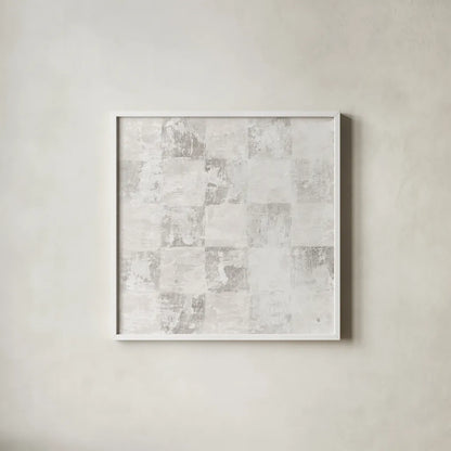 Checkerboard Abstract by Sarah Adams. Shown in a crisp white glass frame for a clean and minimalist style. Available as an archival giclee rolled canvas, fine art paper, or poster print. SKU 90332a.