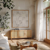 Checkerboard Abstract by Sarah Adams. Shown in a natural wood frame in a cozy modern living room. Available as an archival giclee rolled canvas, fine art paper, or poster print. SKU 90332a.