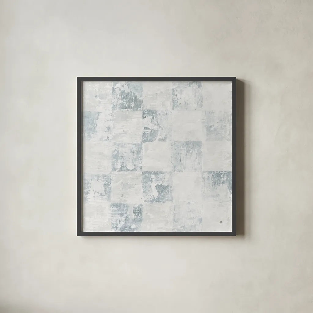 Checkerboard Abstract Dusty Blue by Sarah Adams. Shown in a sleek black glass frame for a contemporary gallery look. Available as an archival giclee rolled canvas, fine art paper, or poster print. SKU 91510a.