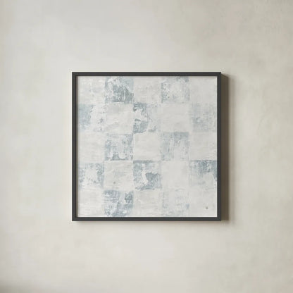 Checkerboard Abstract Dusty Blue by Sarah Adams. Shown in a sleek black glass frame for a contemporary gallery look. Available as an archival giclee rolled canvas, fine art paper, or poster print. SKU 91510a.
