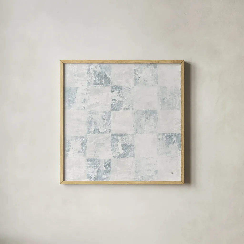 Checkerboard Abstract Dusty Blue by Sarah Adams. Shown in a natural wood glass frame for a timeless modern aesthetic. Available as an archival giclee rolled canvas, fine art paper, or poster print. SKU 91510a.