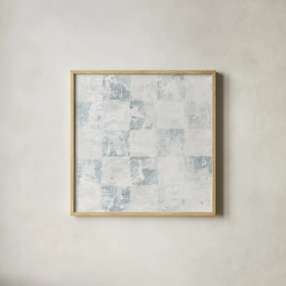 Checkerboard Abstract Dusty Blue by Sarah Adams. Shown in a natural wood glass frame for a timeless modern aesthetic. Available as an archival giclee rolled canvas, fine art paper, or poster print. SKU 91510a.