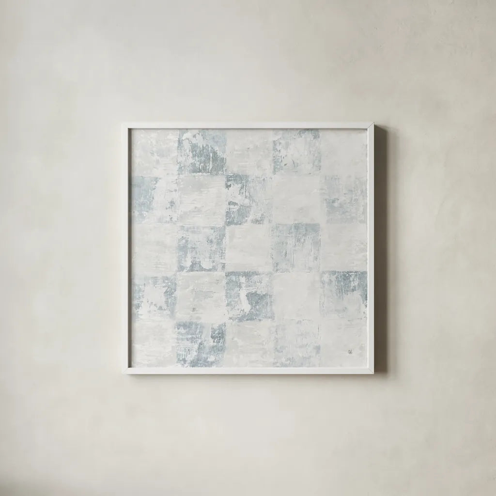 Checkerboard Abstract Dusty Blue by Sarah Adams. Shown in a crisp white glass frame for a clean and minimalist style. Available as an archival giclee rolled canvas, fine art paper, or poster print. SKU 91510a.