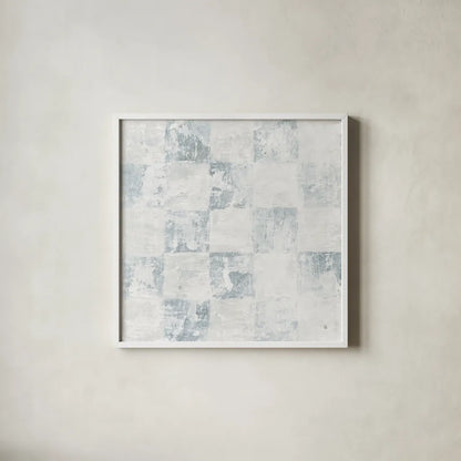 Checkerboard Abstract Dusty Blue by Sarah Adams. Shown in a crisp white glass frame for a clean and minimalist style. Available as an archival giclee rolled canvas, fine art paper, or poster print. SKU 91510a.