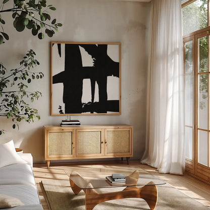 Crossing Paths I by Sarah Adams. Shown in a natural wood frame in a cozy modern living room. Available as an archival giclee rolled canvas, fine art paper, or poster print. SKU 32109a.