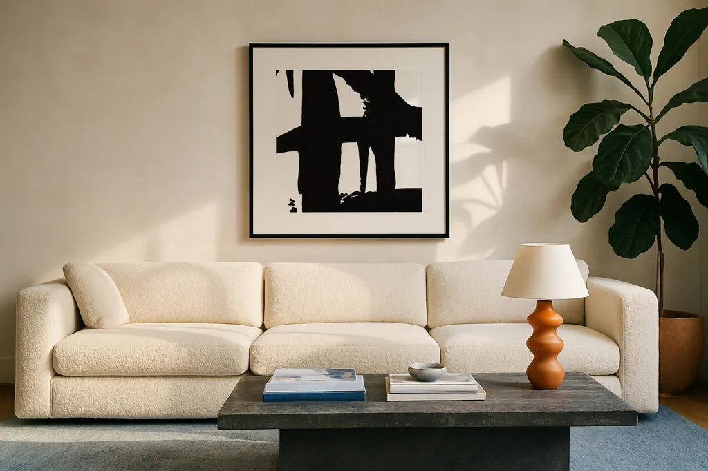 Crossing Paths I by Sarah Adams. Displayed in a glass frame with matte in a clean modern living room. Available as an archival giclee rolled canvas, fine art paper, or poster print. SKU 32109a.