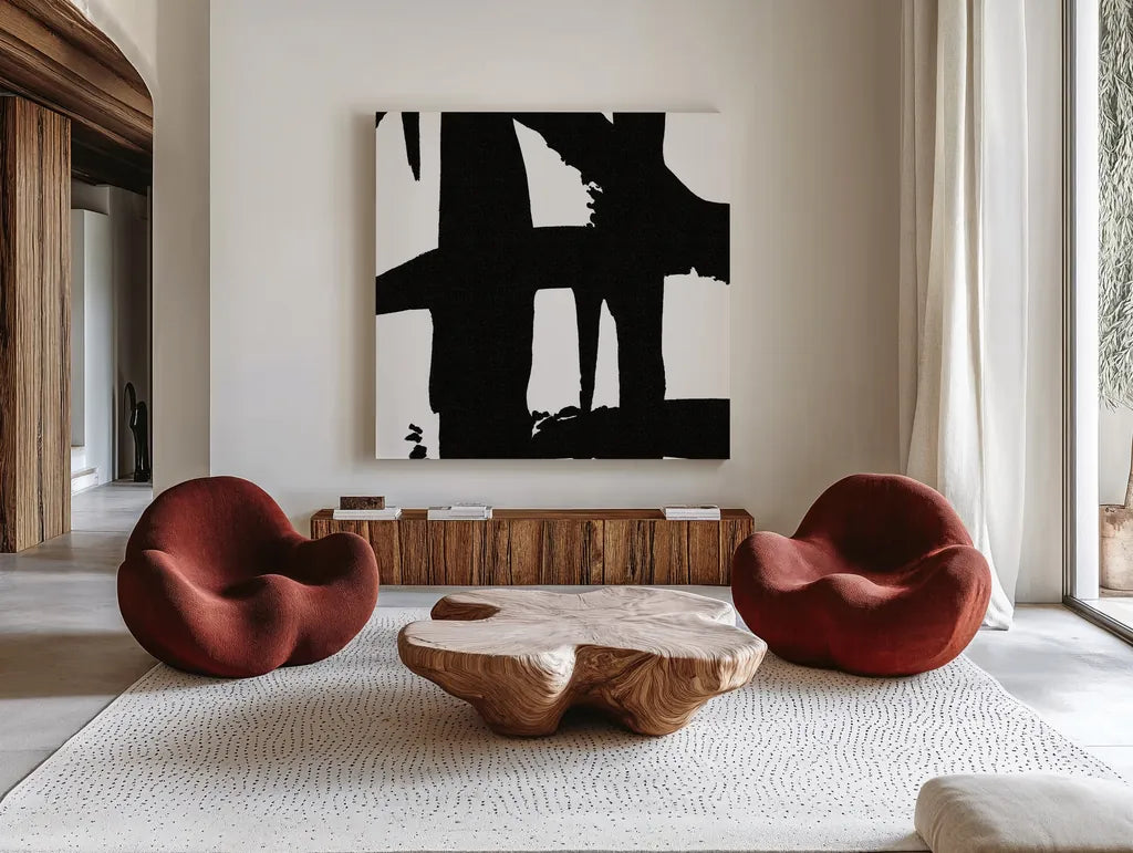 Crossing Paths I by Sarah Adams. Shown as extra-large giant wall art in a modern living room. Available as an archival giclee rolled canvas, fine art paper, or poster print. SKU 32109a.