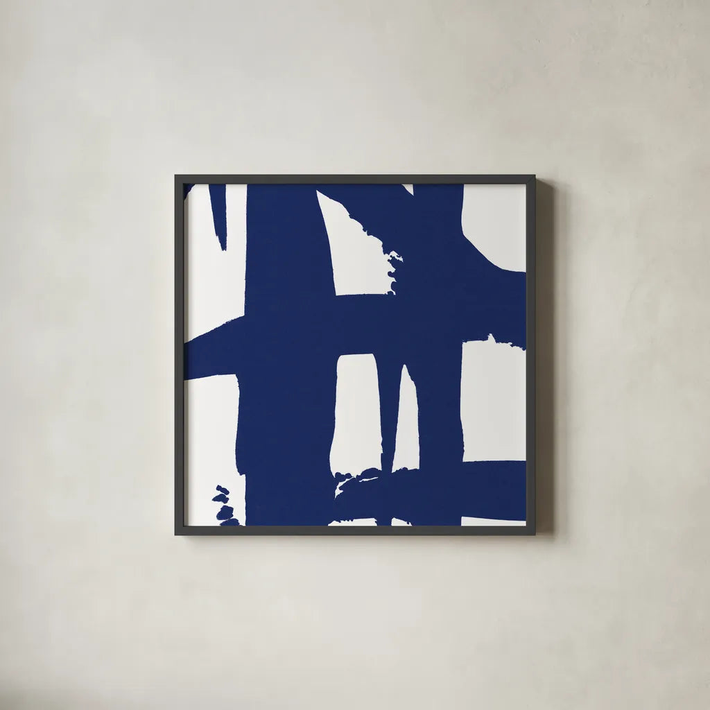 Crossing Paths I Cobalt by Sarah Adams. Shown in a sleek black glass frame for a contemporary gallery look. Available as an archival giclee rolled canvas, fine art paper, or poster print. SKU 67605a.