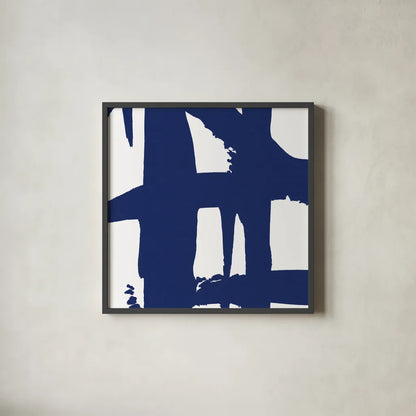 Crossing Paths I Cobalt by Sarah Adams. Shown in a sleek black glass frame for a contemporary gallery look. Available as an archival giclee rolled canvas, fine art paper, or poster print. SKU 67605a.