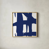 Crossing Paths I Cobalt by Sarah Adams. Shown in a natural wood glass frame for a timeless modern aesthetic. Available as an archival giclee rolled canvas, fine art paper, or poster print. SKU 67605a.