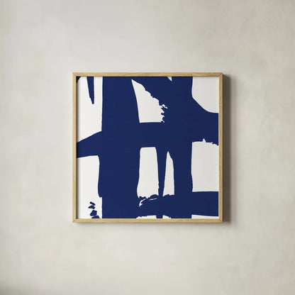 Crossing Paths I Cobalt by Sarah Adams. Shown in a natural wood glass frame for a timeless modern aesthetic. Available as an archival giclee rolled canvas, fine art paper, or poster print. SKU 67605a.