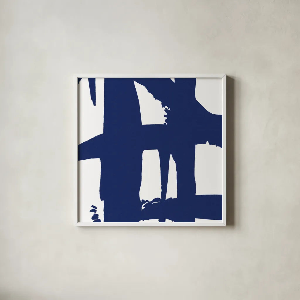 Crossing Paths I Cobalt by Sarah Adams. Shown in a crisp white glass frame for a clean and minimalist style. Available as an archival giclee rolled canvas, fine art paper, or poster print. SKU 67605a.