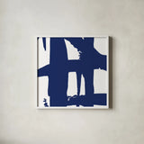 Crossing Paths I Cobalt by Sarah Adams. Shown in a crisp white glass frame for a clean and minimalist style. Available as an archival giclee rolled canvas, fine art paper, or poster print. SKU 67605a.