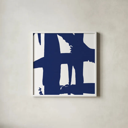 Crossing Paths I Cobalt by Sarah Adams. Shown in a crisp white glass frame for a clean and minimalist style. Available as an archival giclee rolled canvas, fine art paper, or poster print. SKU 67605a.