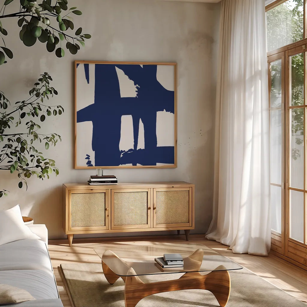 Crossing Paths I Cobalt by Sarah Adams. Shown in a natural wood frame in a cozy modern living room. Available as an archival giclee rolled canvas, fine art paper, or poster print. SKU 67605a.