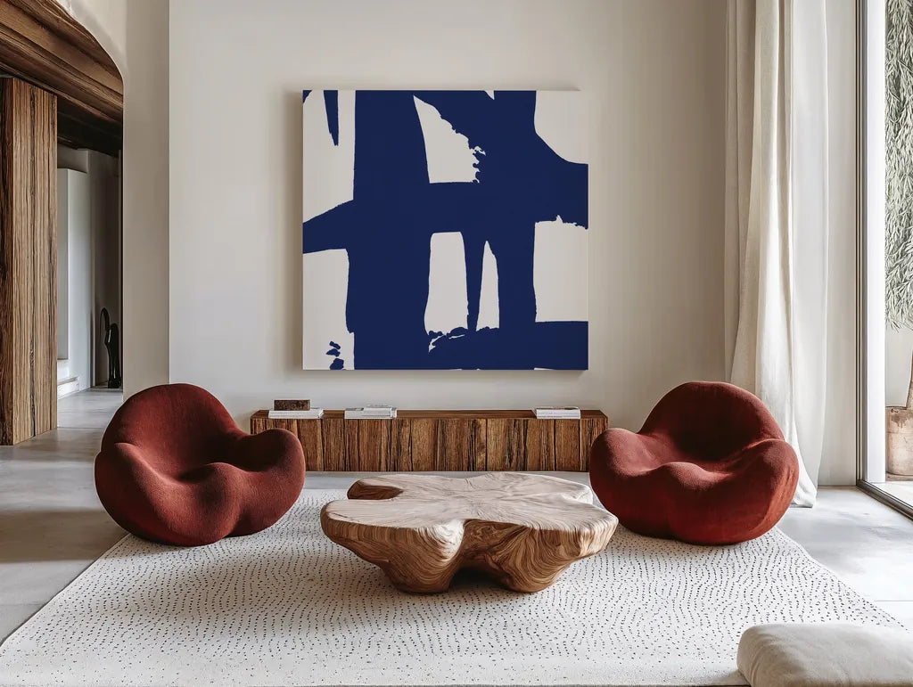 Crossing Paths I Cobalt by Sarah Adams. Shown as extra-large giant wall art in a modern living room. Available as an archival giclee rolled canvas, fine art paper, or poster print. SKU 67605a.