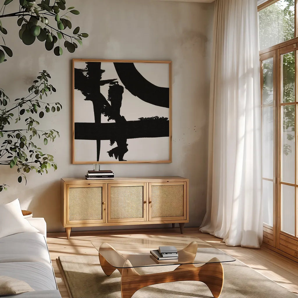 Crossing Paths II by Sarah Adams. Shown in a natural wood frame in a cozy modern living room. Available as an archival giclee rolled canvas, fine art paper, or poster print. SKU 32110a.