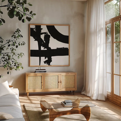 Crossing Paths II by Sarah Adams. Shown in a natural wood frame in a cozy modern living room. Available as an archival giclee rolled canvas, fine art paper, or poster print. SKU 32110a.