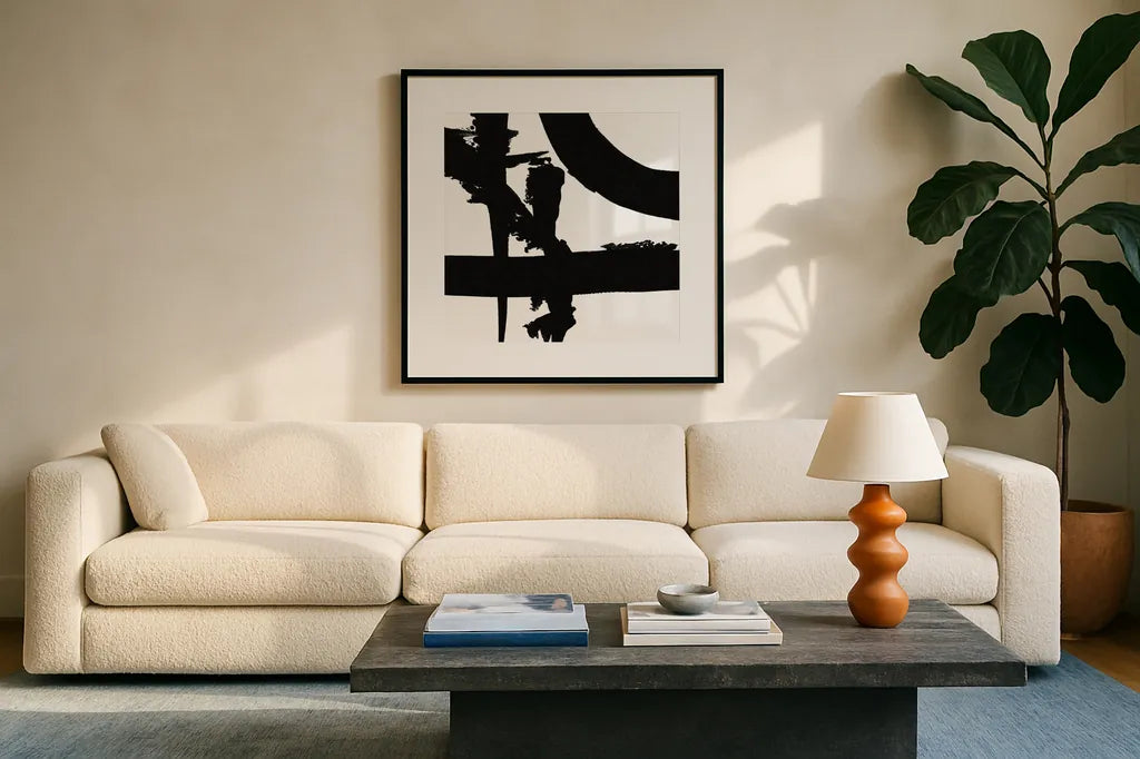 Crossing Paths II by Sarah Adams. Displayed in a glass frame with matte in a clean modern living room. Available as an archival giclee rolled canvas, fine art paper, or poster print. SKU 32110a.