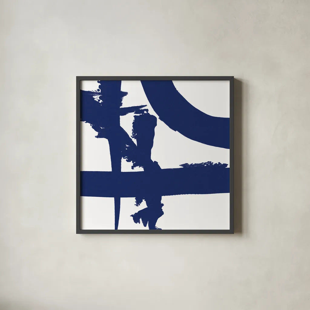 Crossing Paths II Cobalt by Sarah Adams. Shown in a sleek black glass frame for a contemporary gallery look. Available as an archival giclee rolled canvas, fine art paper, or poster print. SKU 67606a.