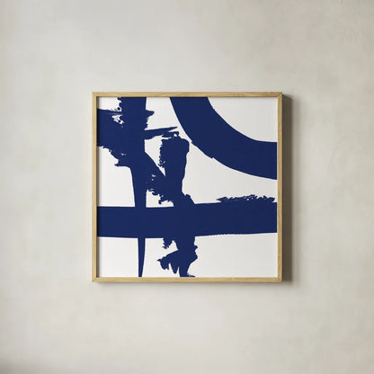 Crossing Paths II Cobalt by Sarah Adams. Shown in a natural wood glass frame for a timeless modern aesthetic. Available as an archival giclee rolled canvas, fine art paper, or poster print. SKU 67606a.