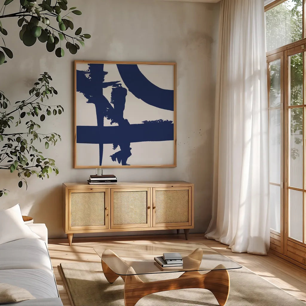 Crossing Paths II Cobalt by Sarah Adams. Shown in a natural wood frame in a cozy modern living room. Available as an archival giclee rolled canvas, fine art paper, or poster print. SKU 67606a.