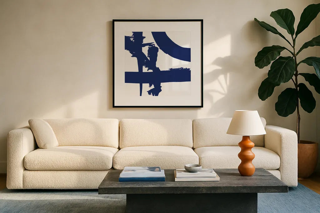 Crossing Paths II Cobalt by Sarah Adams. Displayed in a glass frame with matte in a clean modern living room. Available as an archival giclee rolled canvas, fine art paper, or poster print. SKU 67606a.