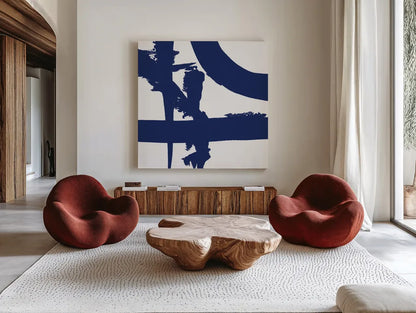 Crossing Paths II Cobalt by Sarah Adams. Shown as extra-large giant wall art in a modern living room. Available as an archival giclee rolled canvas, fine art paper, or poster print. SKU 67606a.