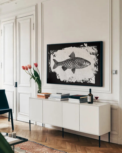 Fish I by Sarah Adams. shown as a framed stretched canvas in a living room above a console. Available as a archival giclee rolled canvas, fine art paper, or poster print. SKU 82839i.