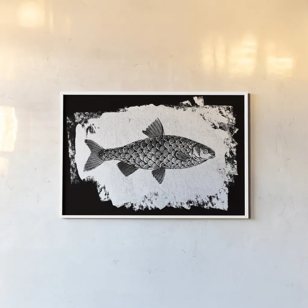 Fish I by Sarah Adams. shown as a paper print in a white frame. Available as a archival giclee rolled canvas, fine art paper, or poster print. SKU 82839i.