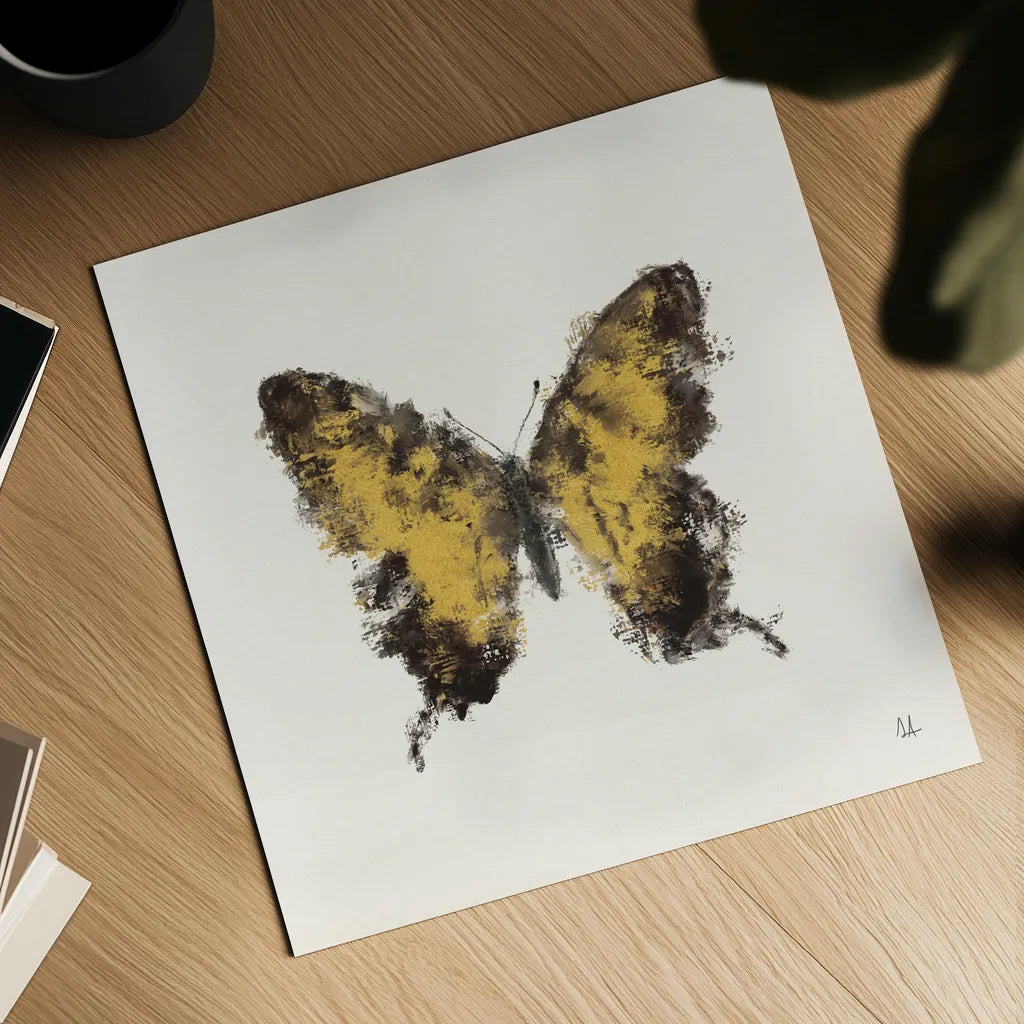 Golden Wings I by Sarah Adams. Shown as a detailed flat fine art print, highlighting archival giclee quality. Available as an archival giclee rolled canvas, fine art paper, or poster print. SKU 92734a.