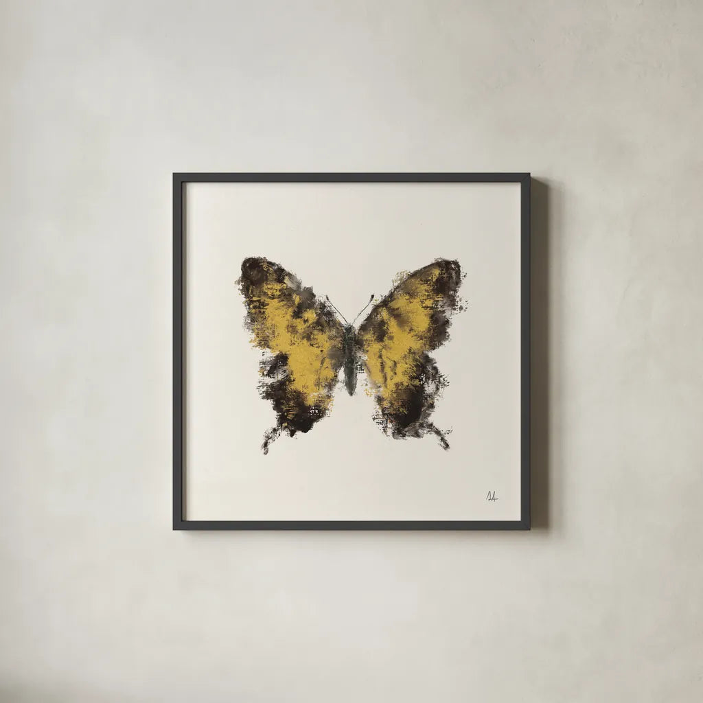 Golden Wings I by Sarah Adams. Shown in a sleek black glass frame for a contemporary gallery look. Available as an archival giclee rolled canvas, fine art paper, or poster print. SKU 92734a.