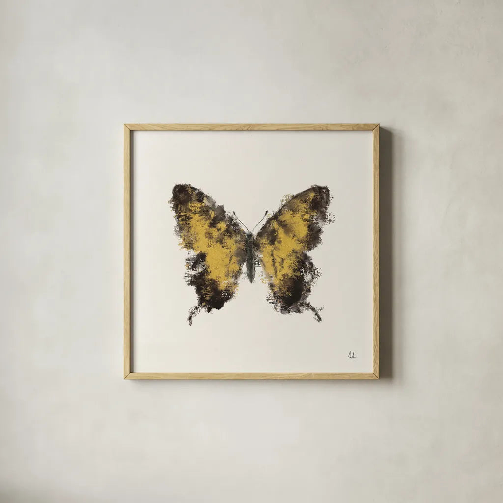 Golden Wings I by Sarah Adams. Shown in a natural wood glass frame for a timeless modern aesthetic. Available as an archival giclee rolled canvas, fine art paper, or poster print. SKU 92734a.