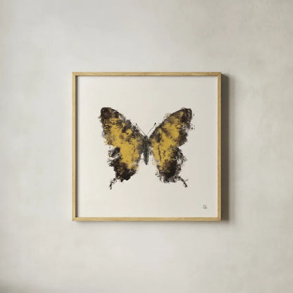 Golden Wings I by Sarah Adams. Shown in a natural wood glass frame for a timeless modern aesthetic. Available as an archival giclee rolled canvas, fine art paper, or poster print. SKU 92734a.