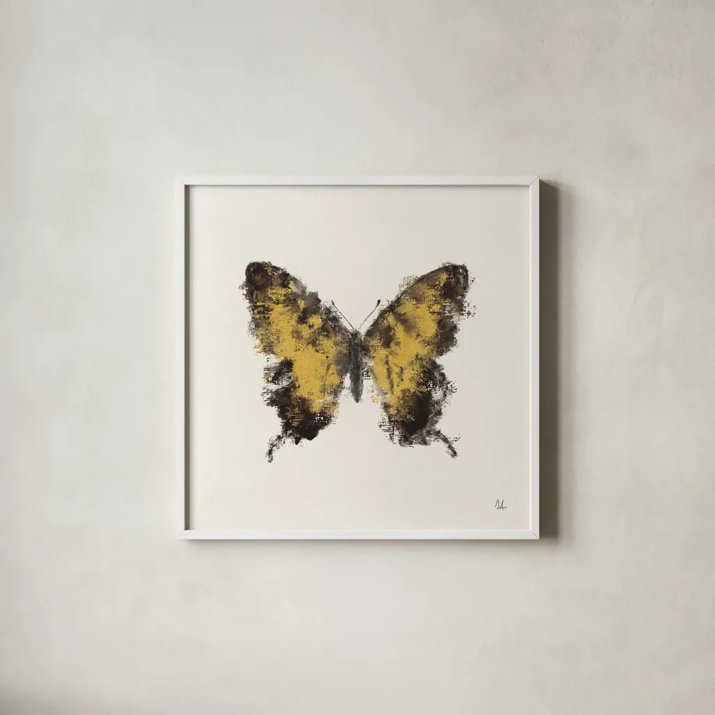 Golden Wings I by Sarah Adams. Shown in a crisp white glass frame for a clean and minimalist style. Available as an archival giclee rolled canvas, fine art paper, or poster print. SKU 92734a.